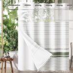AmazerBath Boho Sage Green Shower Curtains for Bathroom, Heavy No Hook Shower Curtain and Liner Set, Striped Fabric Shower Curtain Farmhouse with Tassels, Washable & Waterproof, 74"x72" - Image 2