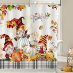 Bonhause Fall Gnome Shower Curtain, Thanksgiving Autumn Maple Leaves Pumpkin Buffalo Plaid Bathroom Decor 72 x 78 Inch Polyester Fabric Waterproof Bath Curtain with 12 Hooks - Image 2
