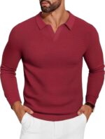 COOFANDY Mens Knit Polo Sweater V-Neck Long Sleeve Textured Lightweight Casual Dress Pullover Fall Sweaters - Image 2