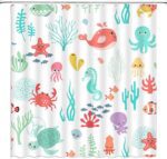 Cartoon Sea Animal Shower Curtain Nautical Ocean Underwater Coastal Beach Sea Marine Animal Dolphin Octopus Seaweed Boys Girls White Polyester Fabric Bathroom Curtain Sets Hooks 70 x 70 Inch - Image 2