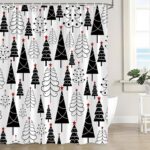 Christmas Shower Curtain Black and White Xmas Tree Stars Winter Pine New Year Holiday Bath Decor Curtain with Hooks - Image 2