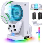Cooling Stand & Charging Station for Xbox Series S with RGB Light Strip,Dual Controller Charger & Cooler Fan for XSS Console Accessories with 2*1400mAH Rechargeable Battery Pack,1*Headphone Hook,White - Image 2