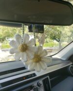 Crochet Daisy Car Accessories for Women Cute Rear View Mirror Hanging Charms Handmade Daisy Flower Gifts for Crochet Lovers Car Decor Automotive Interior Aesthetic(White) - Image 2