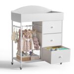 DTK Changing Table Dresser with Clothing Rack and Storage Shelf,3-Drawer Baby Dresser with Changing Table Top,Diaper Changing Station with Waterproof Pad,Mobile Dresser for Nursery,White - Image 2