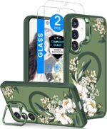 Dretal Magnetic for Samsung Galaxy S24 Plus/S25 Plus Case Floral,Built-in Lens Stand, Screen Protector,Magnetic Translucent Matte Case,Shockproof Women Girls Flower Pattern Cover for S25+(Green) - Image 2