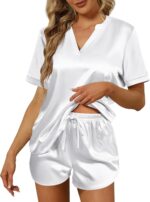 Ekouaer Silk Pajamas for Women Short Sleeve Satin Sleepwear Two-piece Pjs Set Soft V Neck Loungewear,S-XXL - Image 2