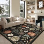 GarveeHome 8x10 Floral Washable Area Rug: Large Living Room Area Rug with Non-Slip Backing Washable Ultra Soft Bedroom Floral Carpet Indoor Stain Resistant Carpet for Dining Room 8 * 10 ft Black - Image 2