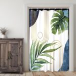 Glawry Narrow Boho Blue Green Shower Curtain Mid Century Modern Abstract Tropical Palm Leaf Botanical Minimalist Bathroom Geometric 48Wx72L Inches Bath Accessories Art Home Decor Fabric 7 Pack Hook - Image 2