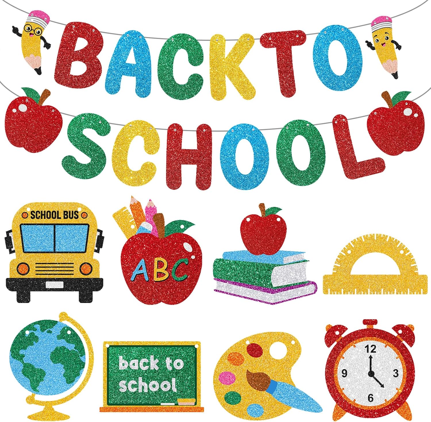 Glitter Welcome Back to School Decorations Banner, Colorful Hanging Banner for Classroom First Day of School Party Supplies Decorations Welcome to Kindergarten Pencil School Bus Blackboard Clock - Image 2