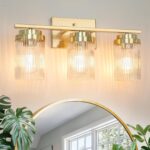 Gold Bathroom Light Fixtures 3 Lights Vanity Light with Grooved Glass Shade Vanity Lights for Bathroom Vanity Lighting Fixtures Wall Mount | Brushed Gold Lights Over Mirror - Image 2