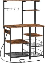 HOOBRO Large Bakers Rack with Power Outlets, 6-Tier Microwave Stand with 4 Hooks, Coffee Bar, Kitchen Shelf with Wire Basket, for Kitchen, Living Room, Office, Rustic Brown and Black BF64UHB01 - Image 2