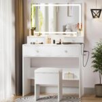 Haewon White Vanity Desk with Mirror and Power Outlet, Makeup Vanity with Adjustable Brightness and 3 Lighting Modes, Dressing Table Set with 4 Drawers, Storage Chair for Bedroom - Image 2
