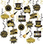 Happy New Year Hanging Swirls Decorations, 30 pcs Black Gold New Years Eve Party Hanging Ceiling Swirls with Firework, Clock, Champagne and Stars for 2026 Countdown Party Decoration - Image 2