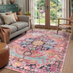 Lahome 5x7 Boho Living Room Rug Colorful Bedroom Rug, Large Bohemian Nursery Rugs, Hot Pink Non-Slip Machine Washable Soft Playroom Mat Indoor Floor Accent Carpet for Dining Table Mud Room - Image 2