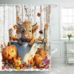 Lofaris Highland Cow Shower Curtain Sets Autumn Fall Western Farmhouse Wooden Funny Cattl Rustic Animal Bathroom Curtain Waterproof for Bathtub Decor 72x72 Inches with 12 Hooks - Image 2