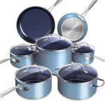 Nuwave Healthy Duralon Blue Ceramic Nonstick Cookware Set, Diamond Infused Scratch-Resistant, PFAS Free, Dishwasher & Oven Safe, Induction Ready & Evenly Heats, Tempered Glass Lids & Stay-Cool Handles - Image 2