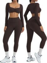 OMKAGI 2 Piece Workout Sets for Women Long Sleeve Padded Sports Bra High Waisted Gym Outfits with Pocket - Image 2