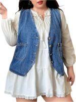 OYOANGLE Women's Plus Size Sleeveless Button Down Jean Jacket V Neck Denim Vest with Dual Pockets - Image 2