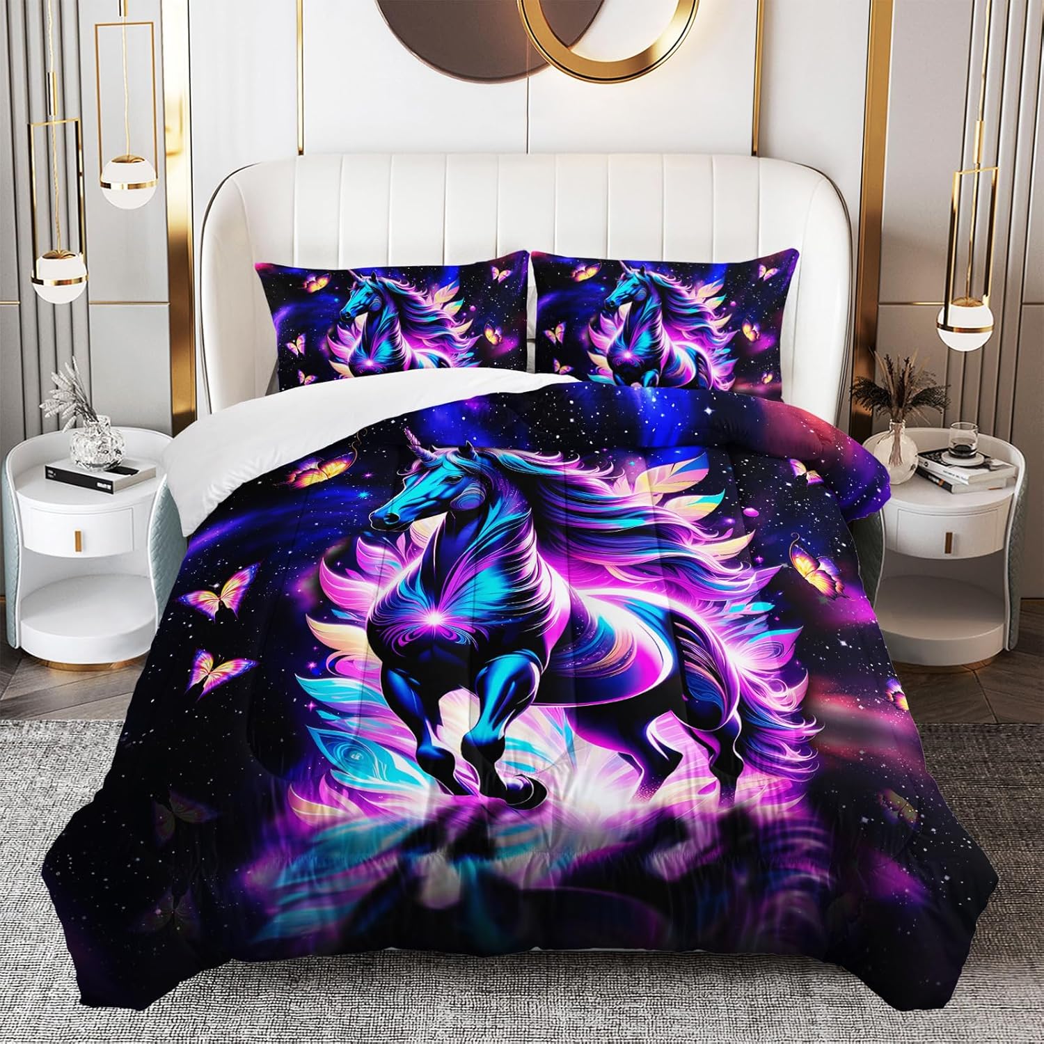 Purple Unicorn Comforter Set Full Size for Girls Kids, Cartoon Kawaii Unicorn with Butterfly Print Down Comforter, Galaxy Stars Fantasy Girls Room Decor Children Bedding - Image 2