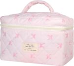 Quilted Makeup Bag, Large Makeup Bag, Cute Cosmetic Bag for Women Girls, Floral Coquette Aesthetic Travel Toiletry Make Up Organizer Bag-Light Pink - Image 2