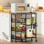 Rolling Kitchen Storage Microwave Cart, Kitchen Island with Adjustable Shelf on Lockable Wheels, Countertop 27.75"L × 15.35"W, Bakers Rack with Tilt-Out Baskets, for Kitchen, Coffee Bar, Living room - Image 2