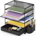Simple Houseware 5-Tier Document File Tray with Supplies Sliding Drawer and Pen Bucket, Black - Image 2
