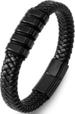 Stainless Steel Mens Bracelets - Black Leather Punk Cuff Jewelry - Image 2