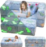 Toddler Couch, Glow in The Dark Kids Play Couch Toddler Fold Out Couch, Kids Fold Out Couch for playroom, Convertible Baby Fold Out Play Foam and Floor Cushion for Bedroom, Blue+Dinosaur - Image 2
