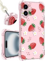 Toycamp for iPhone 16 Case with Strap for Women - Cute Funny Girls Girly Fashion Strawberry Design Case with Wrist Lanyards Four Corners Flexible Hang Style - Image 2