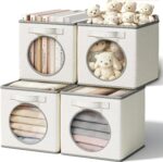 Vailando Foldable Fabric Storage Bins with Round Window - 4 Pack 11"x11"x11" Collapsible Cube Storage Organizer for Clothes, Shelves, Offices, Toys & Misc, White & Ivory - Image 2
