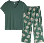 Vozanet Women's Pajamas Set Soft V Neck Sleepwear Top and Capri Pj Lounge Sets Cartoon Heart Shape Cat Nighty Plus Size - Image 2