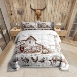 Windmill Comforter Set Queen, Rustic Barn Farmhouse Bedding, Chick Cow Farm Animals Down Comforter, Hand Drawn Illustration Bedding Comforters, Countryside Rural Meadow Room Decor Duvet Set, Taupe - Image 2