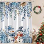 Winter Snowman Christmas Shower Curtain Cute Blue Snowman Snowflake Poinsettia Floral Eucalyptus Leaves Plant Holiday Happy New Year Fabric Bathroom Curtain Set with Hook - Image 2