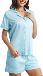 Womens Silk Satin Pajamas Set Short Sleeve Button Down Tops and Shorts Sleep Sets 2 Piece Sleepwear Pjs S-2XL - Image 2