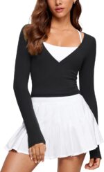 Womens V-Neck Long Sleeve Cross Wrap Top Slim Fit Soft Knit Layering Shirt Casual Yoga Gym Bandage Tie Tops - Image 2