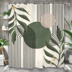 Yookeb Sage Green Abstract Modern Bathroom Shower Curtain 60W by 71H Inch Mid Century Minimalist Aesthetic Leaves Plant Geometric Mid Century Polyester 12 Plastic Hooks Waterproof Decor - Image 2