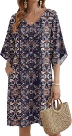 Zeagoo Womens Casual Summer Dress Boho Beach Dresses Tassel Tie Neck 2026 Floral Cover Up Spring 3/4 Sleeve Mini Sundress - Image 2