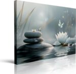 Zen Lotus Flower with Stones and Butterflies Canvas Wall Art Framed Serene Painting Prints Posters Artwork for Meditation Room Wall Decor Calming Spiritual Bathroom Art 12x16 Inches - Image 2