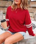 SELINK Womens Varsity Striped Oversized Sweatshirt Crewneck Long Sleeve Casual Fashion Pullover Top Fall Outfits - Image 4