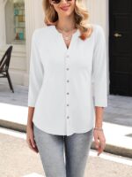 ORANDESIGNE Women's Button Down T Shirts 3/4 Sleeve V Neck Tops Casual Summer Ladies Tees - Image 4