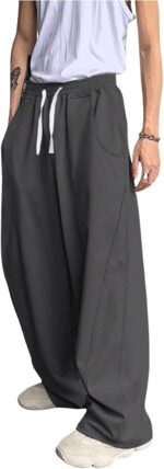 OYOANGLE Men's Drawstring Elastic Waist Baggy Sweatpants Y2K Loose Wide Leg Long Pants with Pocket - Image 5