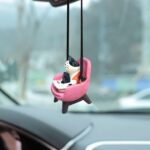 Cat Rear View Mirror Hanging Accessories Cute Cat Sitting Sofa Reading and Drinking Coffee Car Hanging Ornament Pendant Interior Rearview Mirror Decoration - Image 4