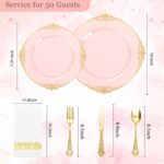 Ciaell 300PCS Pink and Gold Plastic Plates - Pink Disposable Dinnerware Sets for 50 Guests - 100 Plates, 50 Knives, 50 Forks, 50 Spoons, and 50 Napkins for Wedding, Party & Easter - Image 3