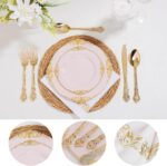 Ciaell 300PCS Pink and Gold Plastic Plates - Pink Disposable Dinnerware Sets for 50 Guests - 100 Plates, 50 Knives, 50 Forks, 50 Spoons, and 50 Napkins for Wedding, Party & Easter - Image 4