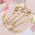 Ciaell 300PCS Pink and Gold Plastic Plates - Pink Disposable Dinnerware Sets for 50 Guests - 100 Plates, 50 Knives, 50 Forks, 50 Spoons, and 50 Napkins for Wedding, Party & Easter - Image 7