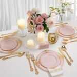 Ciaell 300PCS Pink and Gold Plastic Plates - Pink Disposable Dinnerware Sets for 50 Guests - 100 Plates, 50 Knives, 50 Forks, 50 Spoons, and 50 Napkins for Wedding, Party & Easter - Image 9