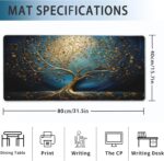 Desk Mat, Blue Golden Tree and Waves Extended Gaming Mouse Pad Large, 31.5"x15.7" 3D Modern Art Landscape Mouse Pad with Non-Slip Base and Stitched Edge,Computer Keyboard Mouse Mat for Home Office - Image 3