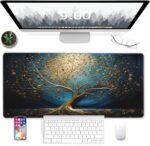 Desk Mat, Blue Golden Tree and Waves Extended Gaming Mouse Pad Large, 31.5"x15.7" 3D Modern Art Landscape Mouse Pad with Non-Slip Base and Stitched Edge,Computer Keyboard Mouse Mat for Home Office - Image 7