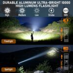 Rechargeable Flashlight 11 Modes Tactical Camping Flashlight with Red-Blue Emergency Lights, 10000 Lumens 3 in 1 Portable Camp Light with Stand, Bright LED Flashlight for Outdoor Activity - Image 3