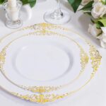 Nervure 175PCS White and Gold Plastic Plates - Disposable Dinnerware Set Include 50 Gold Plates for Dinner and Dessert, 75 Cutlery, 25Cups 25Napkins for Wedding & Party & Thanksgiving - Image 3